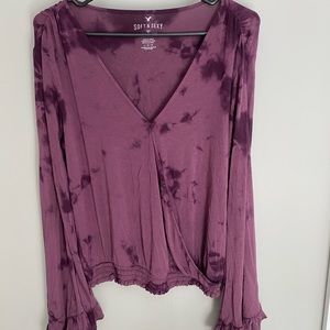 AE soft&sexy purple tie-dye flowy sleeve wrap top
